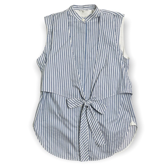 Helmut Lang Blue Striped Sleeveless Tie-Front Cotton Poplin Shirt Size Medium - Picture 5 of 13